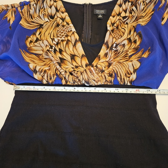 Nicole Miller size 10 black bodycon, scarfprint blue/ gold top dress. - Picture 3 of 9
